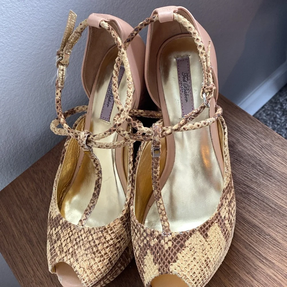 Ted Baker London Leuzea Snakeskin Open Toed Cork Platform Shoes, Women’s 8